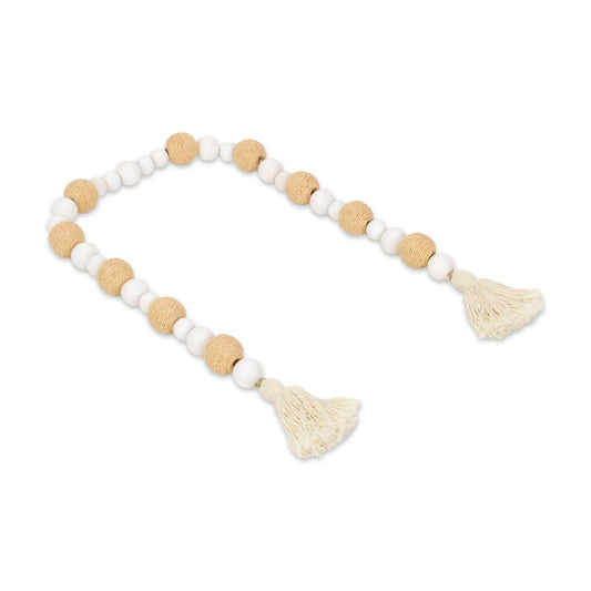 38" White And Natural Wood And Fabric Hand Painted Decorative Tassel