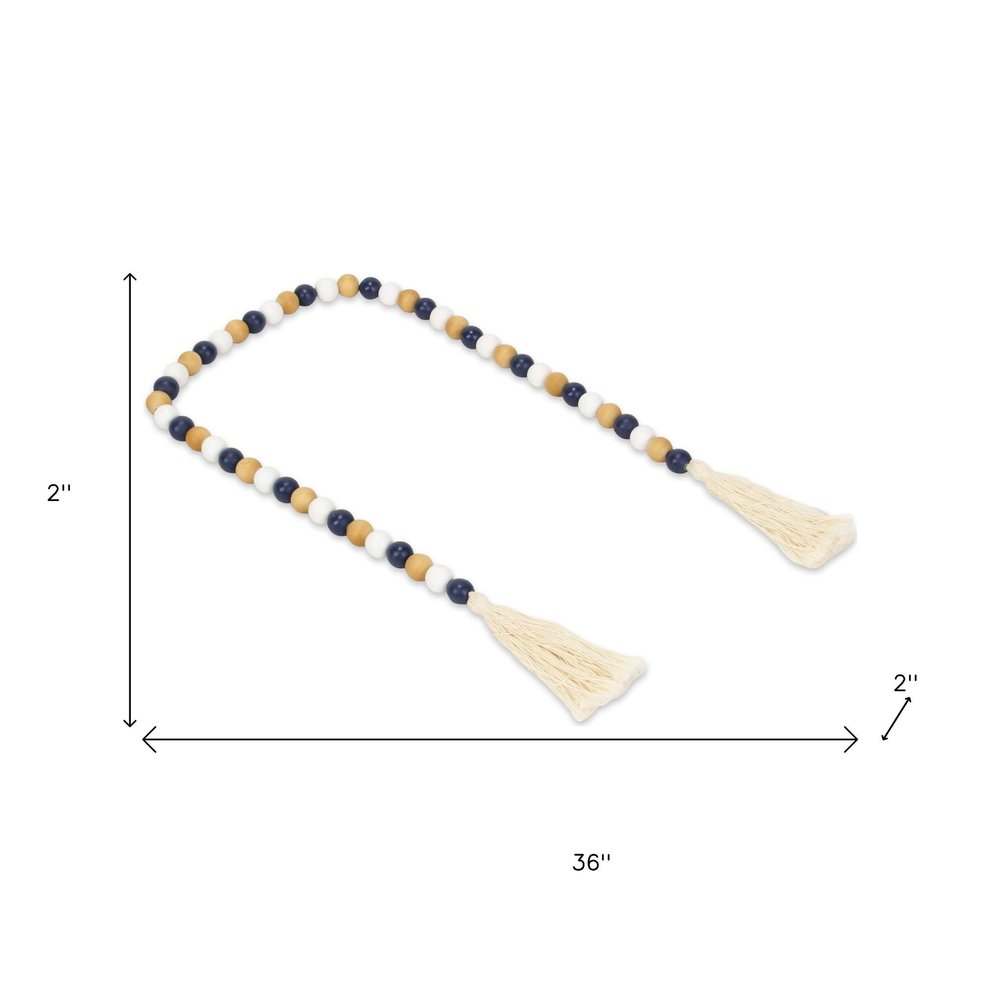 36" Blue Natural And White Wood Hand Painted Decorative Tassel