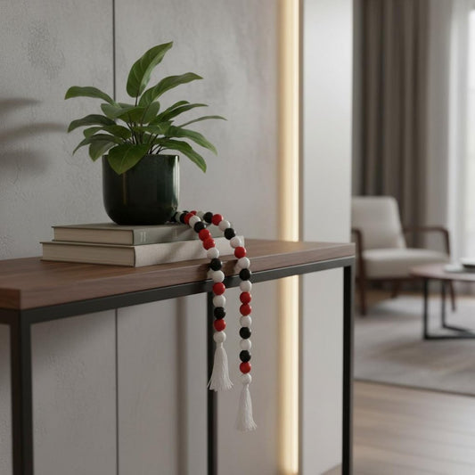 40" Black Red And White Wood Hand Painted Decorative Tassel