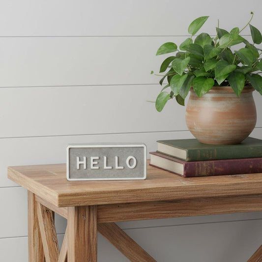 4" Gray And White Galvanized Metal Hello Hand Painted Tabletop Sign