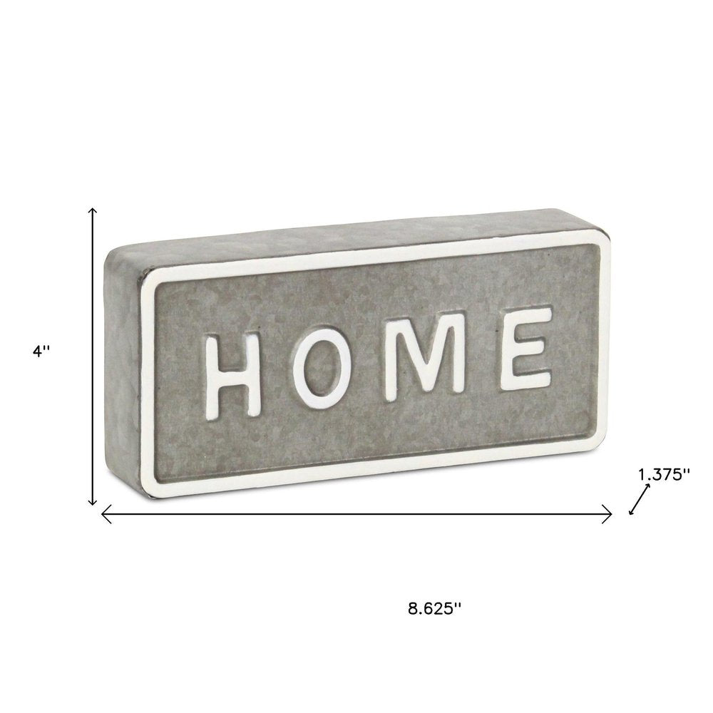 4" Gray And White Metal Home Hand Painted Tabletop Sign