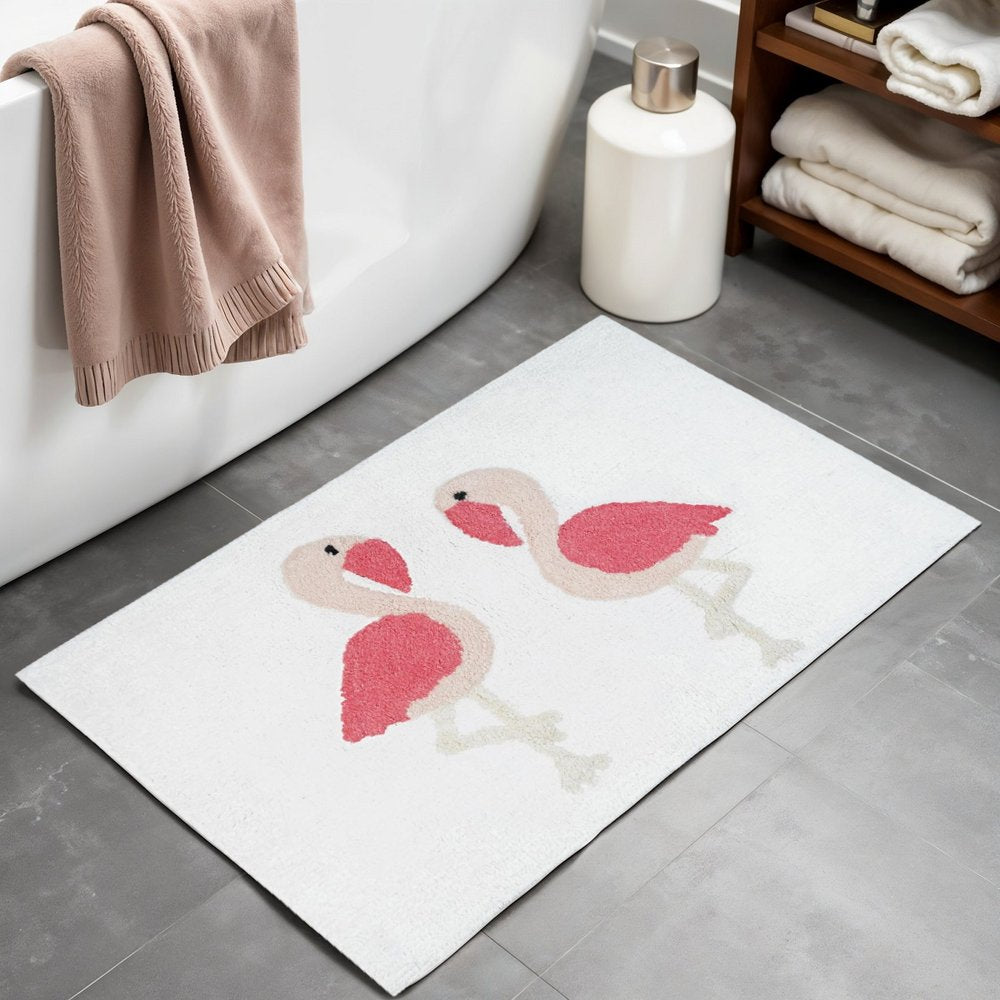32" Pink And White Cotton Flamingo Bath Rug