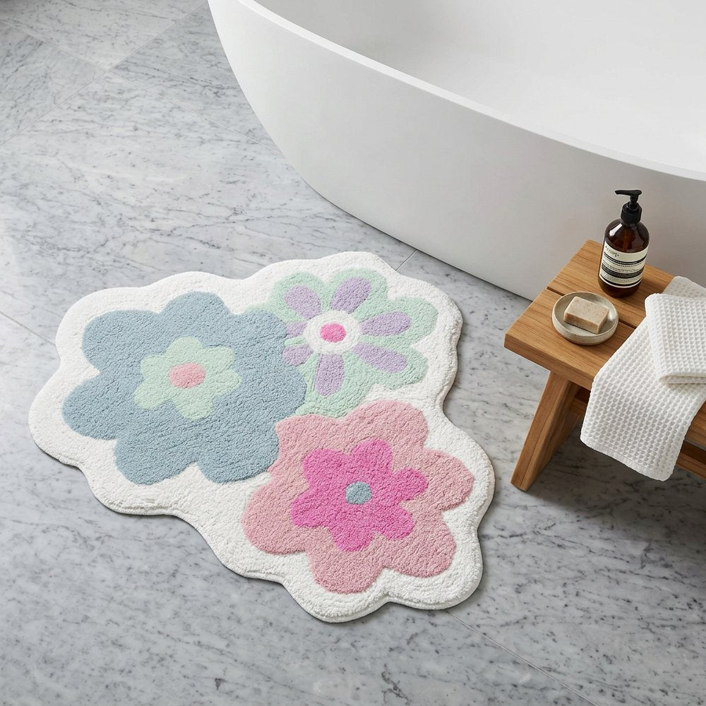 32" Pink And White Cotton Flowers Floral Bath Rug