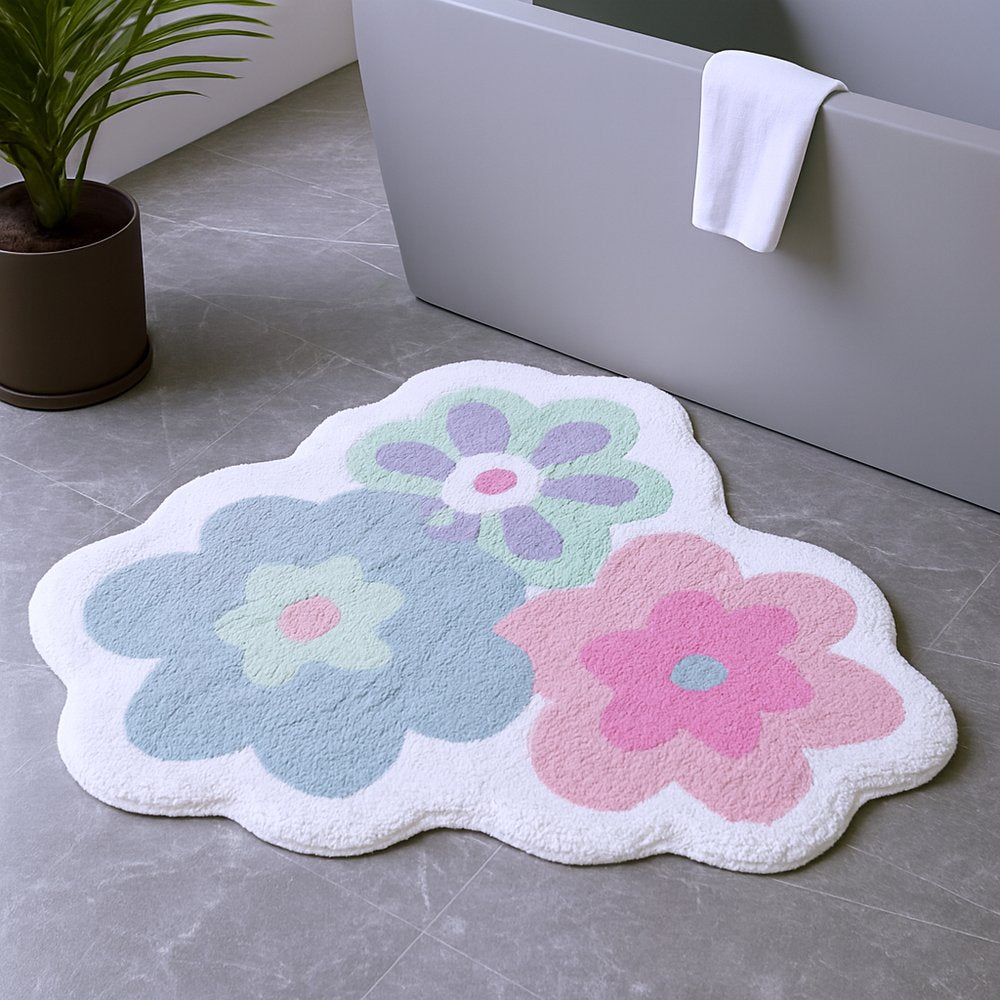 32" Pink And White Cotton Flowers Floral Bath Rug