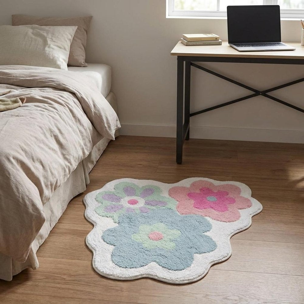 32" Pink And White Cotton Flowers Floral Bath Rug
