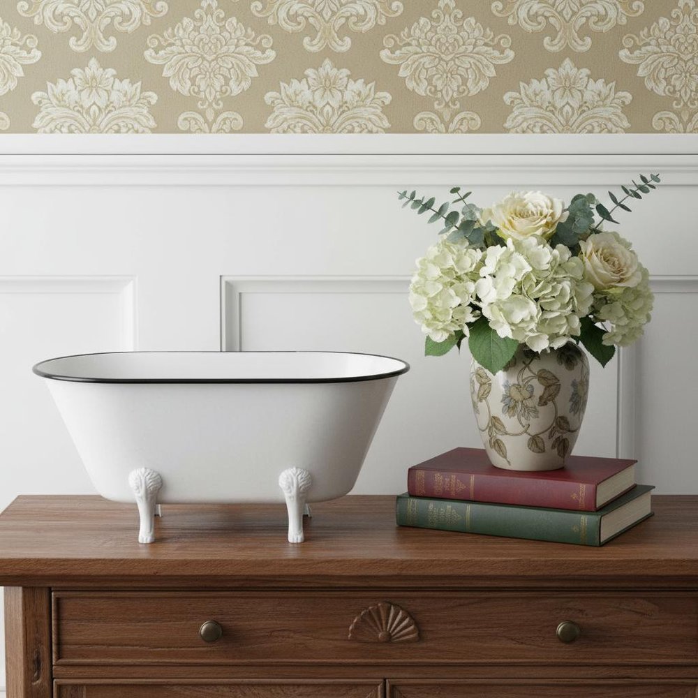 9" White White And Black Metal Hand Painted Decorative Tub