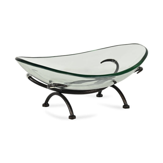 17" Clear And Black Glass And Metal Oval Decorative Bowl With Stand