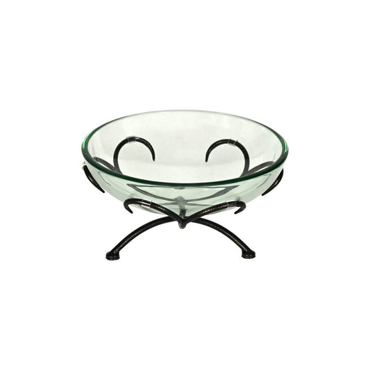13" Clear And Black Glass And Metal Round Decorative Bowl With Stand