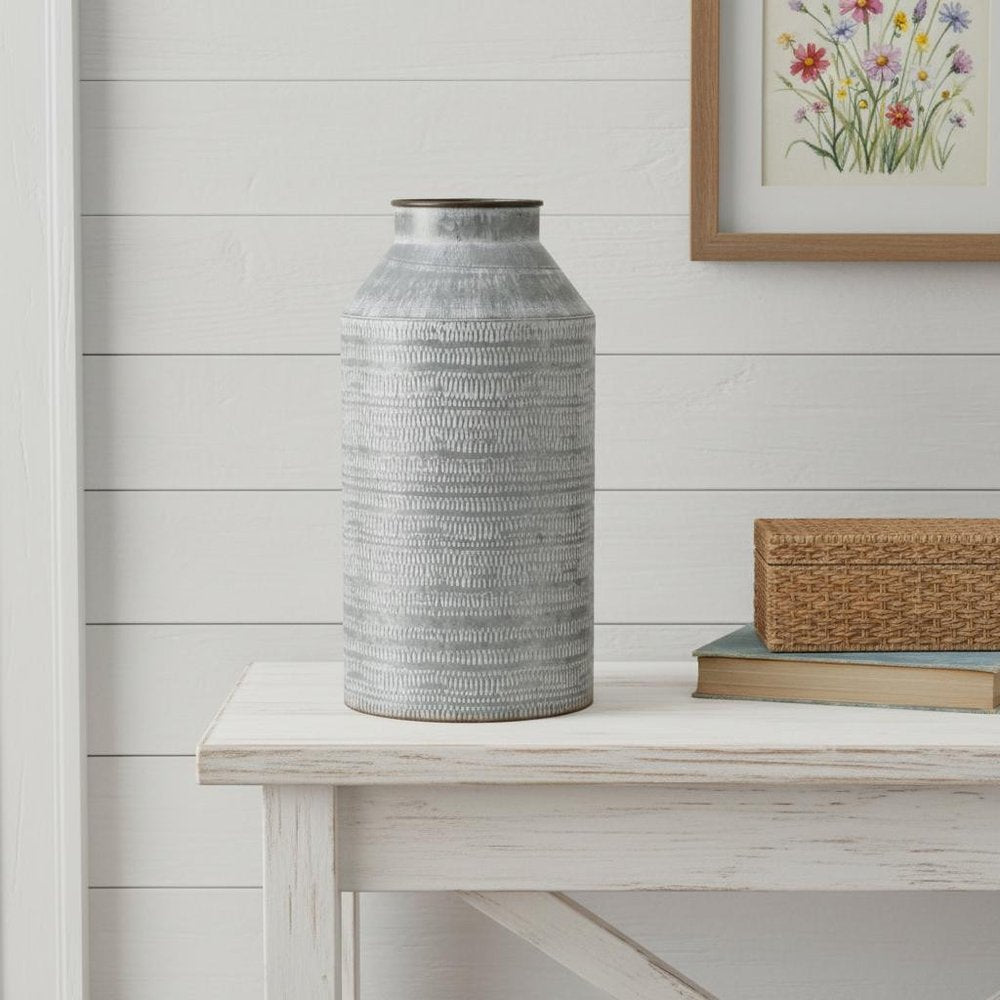 13" Gray Galvanized Metal Geometric Patterned Jug Vase