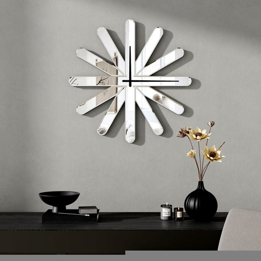 26" Silver Mirrored Glass Silent Analog Starburst Wall Clock