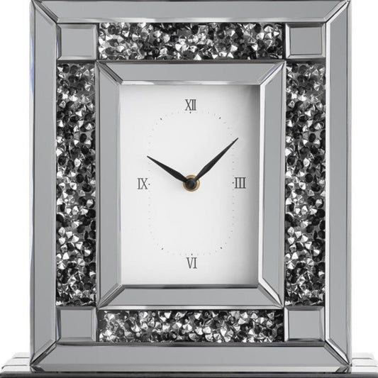16" Silver And Black Faux Crystal And Mirrored Glass Table Clock