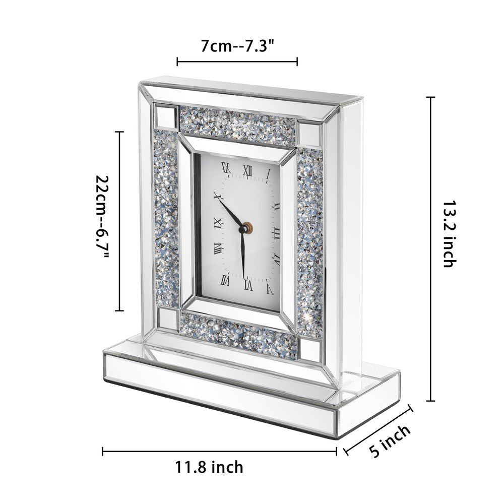 16" Silver And White Faux Crystal And Mirrored Glass Table Clock