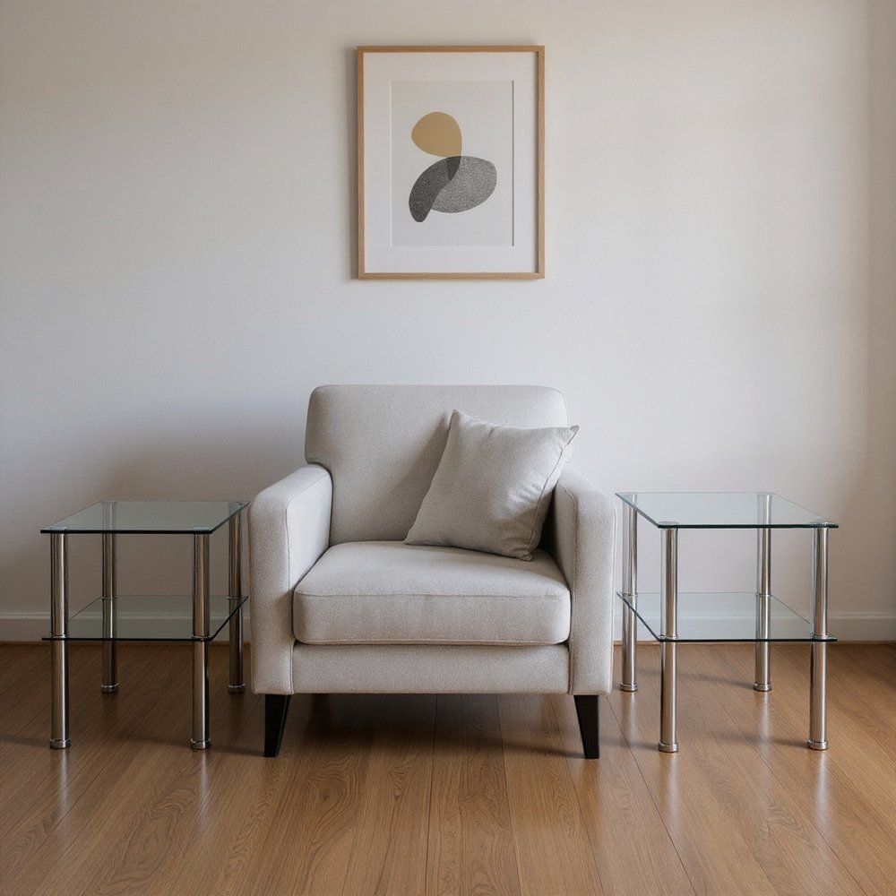Set of Two Clear and Silver Glass and Metal Square End Tables With Shelf