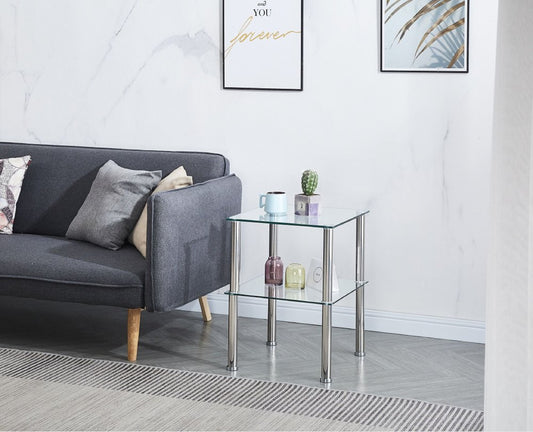Set of Two Clear and Silver Glass and Metal Square End Tables With Shelf