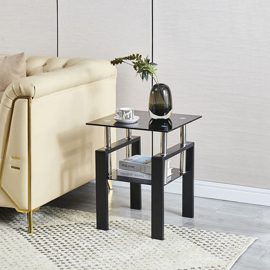Black Glass and Metal Square End Tables With Shelf