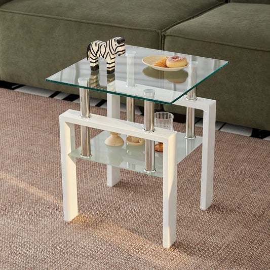 20" Clear and White Glass and Metal Square End Table With Shelf