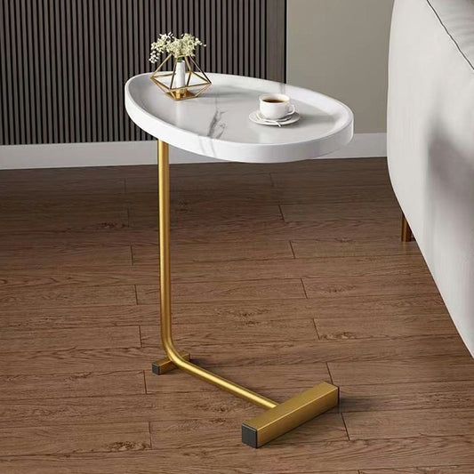 24" White and Gold Faux Marble and Metal Oval End Table