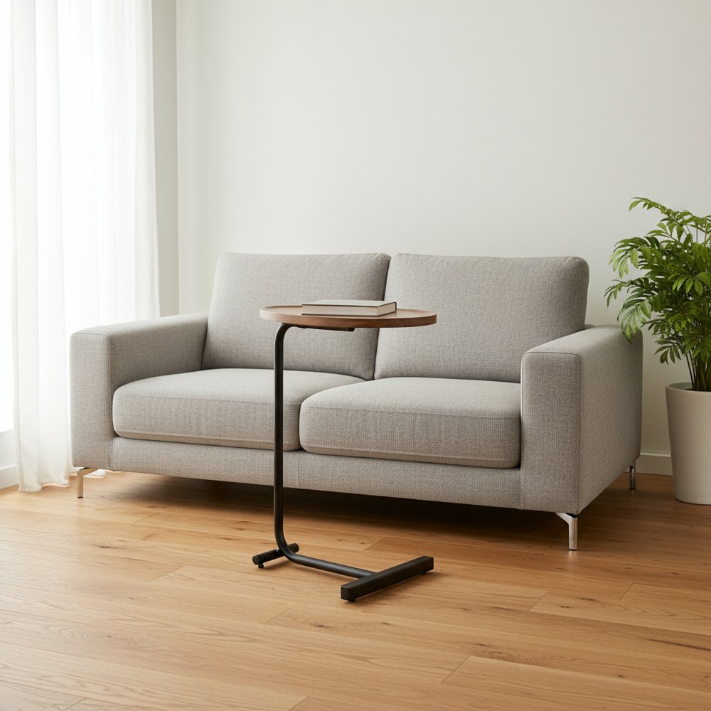 Set of Two Brown and Black Wood and Metal Oval End Tables