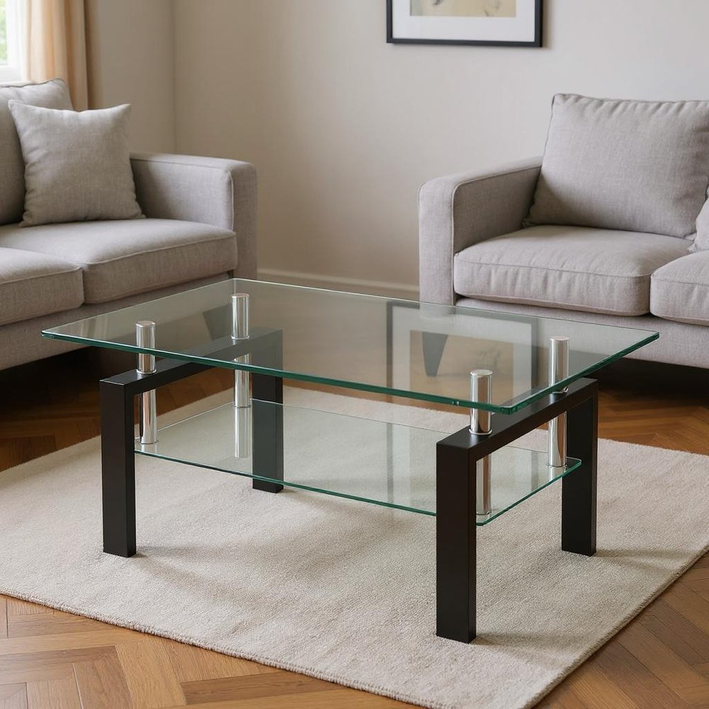 39" Clear and Black Glass and Steel Coffee Table With Shelf