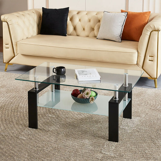 39" Clear and Black Glass and Steel Coffee Table With Shelf