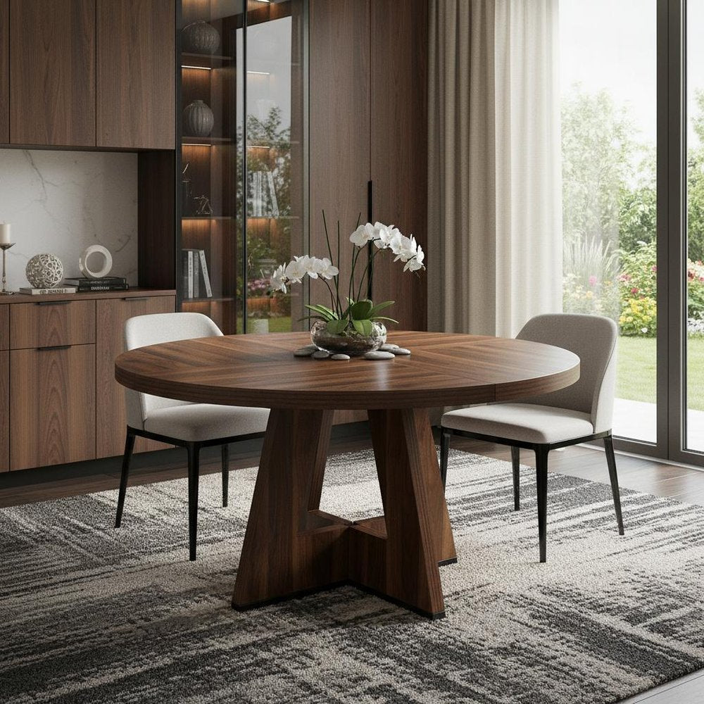 47" Brown Solid Wood Pedestal Base Round Top Dining Table