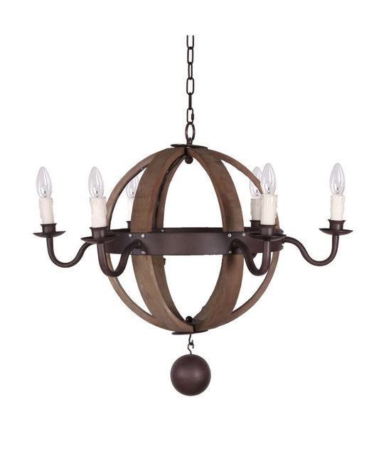 Brown And Black Wood and Metal Sphere Six Light Dimmable Chandelier
