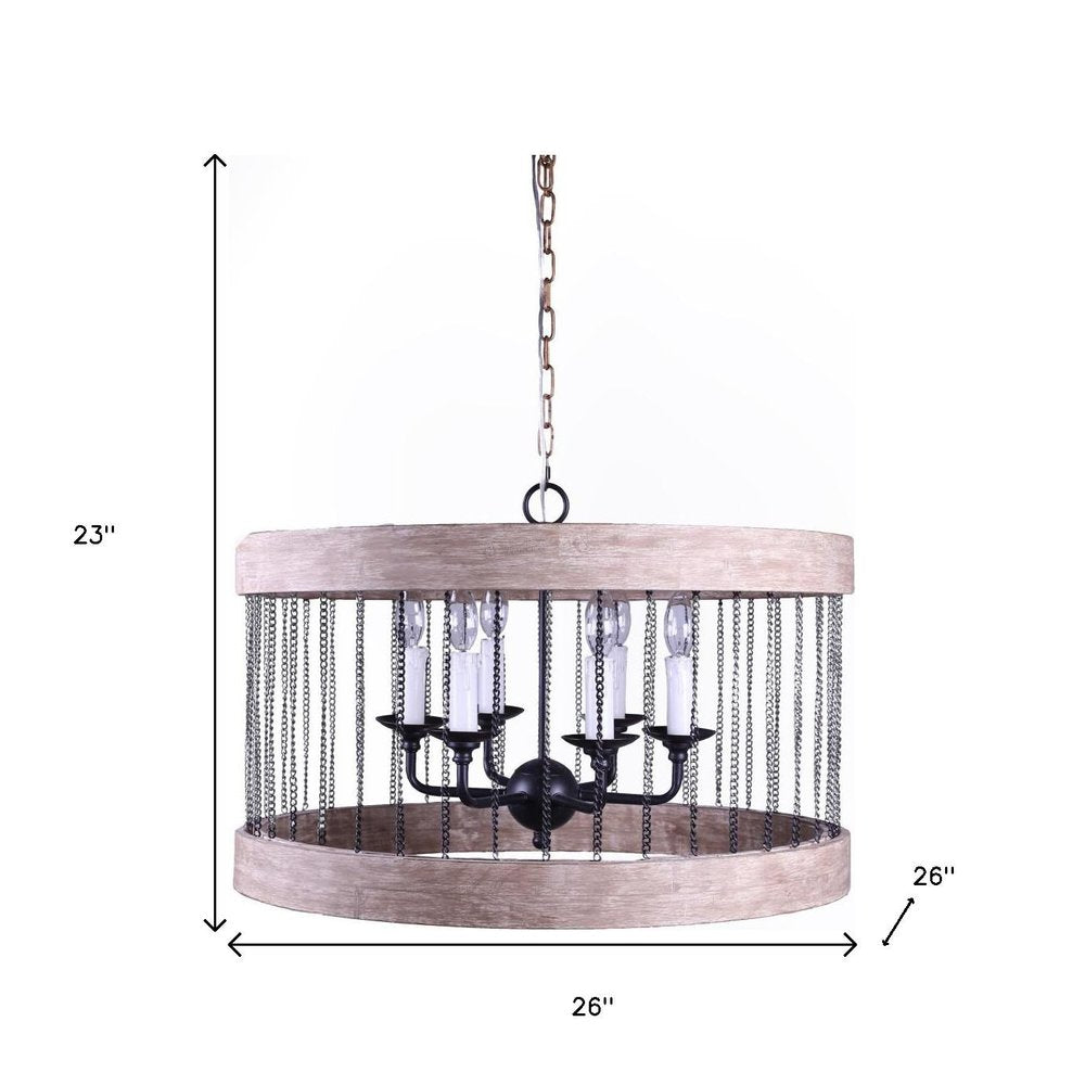Black And Natural Wood and Metal Cylinder Six Light Dimmable Chandelier