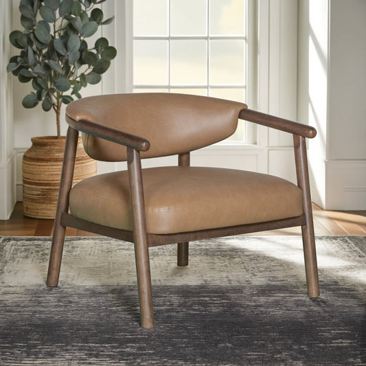 33" Brown and Dark Brown Faux Leather And Wood Arm Chair