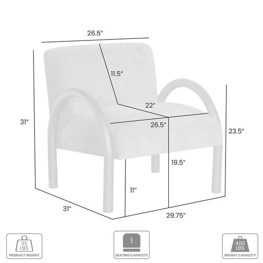 30" Off White and Natural Faux Fur And Wood Arm Chair