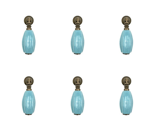 Set of Six Aqua And Brown Oval Knob Ceramic Drawer Pull Knobs