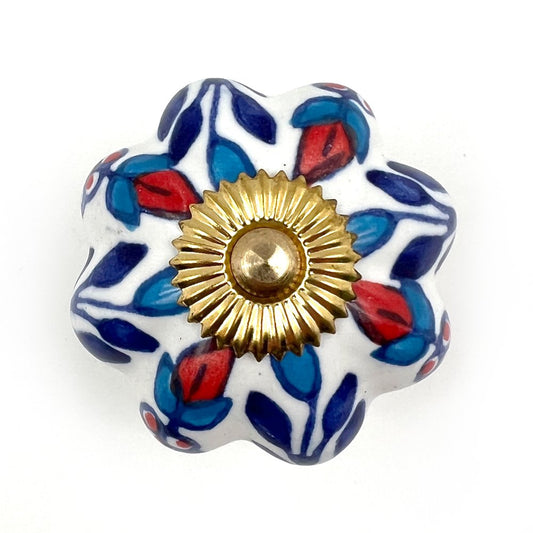 Set of Six Blue Red And White Floral Knob Ceramic Drawer Pull Knobs