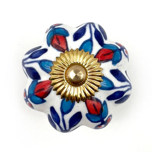 Set of Six Blue Red And White Floral Knob Ceramic Drawer Pull Knobs