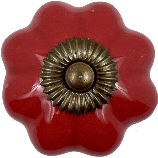 Set of Six Red Floral Knob Ceramic Drawer Pull Knobs