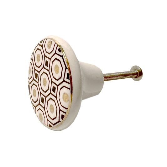 Set of Six Gold Silver And White Geometric Ceramic Drawer Pull Knobs