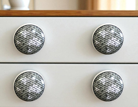 Set of Six White Poetic Script Ceramic Drawer Pull Knobs