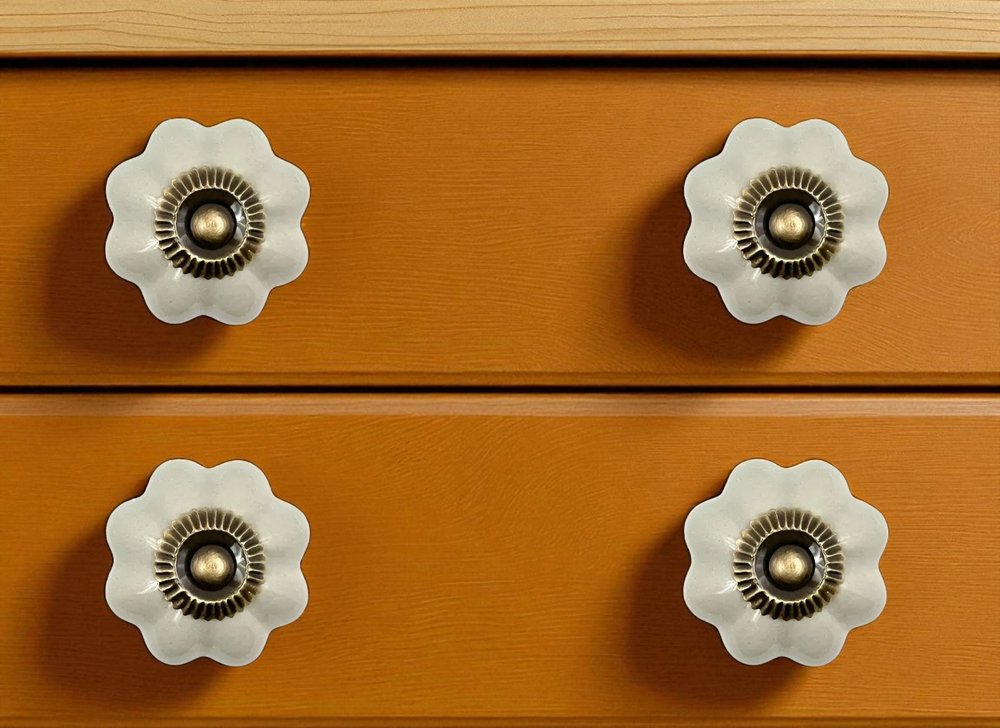 Set of Six Gray Floral Knob Ceramic Drawer Pull Knobs