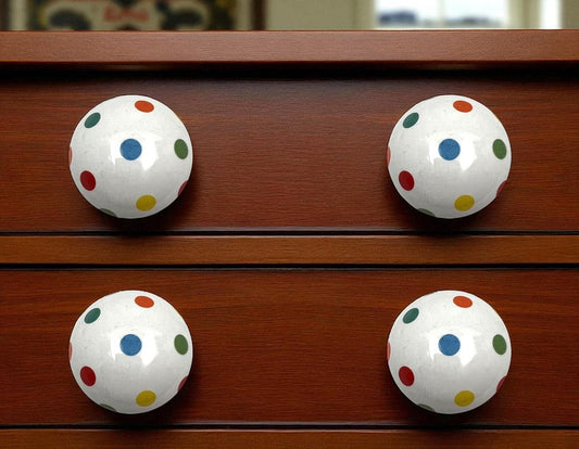 Set of Six Blue Green Off White And Red Polka Dots Ceramic Drawer Pull Knobs