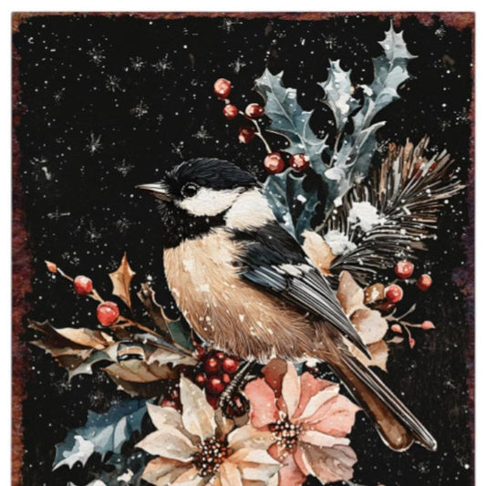 15" Red White And Green Wood Bird Flowers Christmas Tabletop Sign