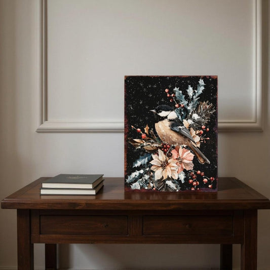 15" Red White And Green Wood Bird Flowers Christmas Tabletop Sign