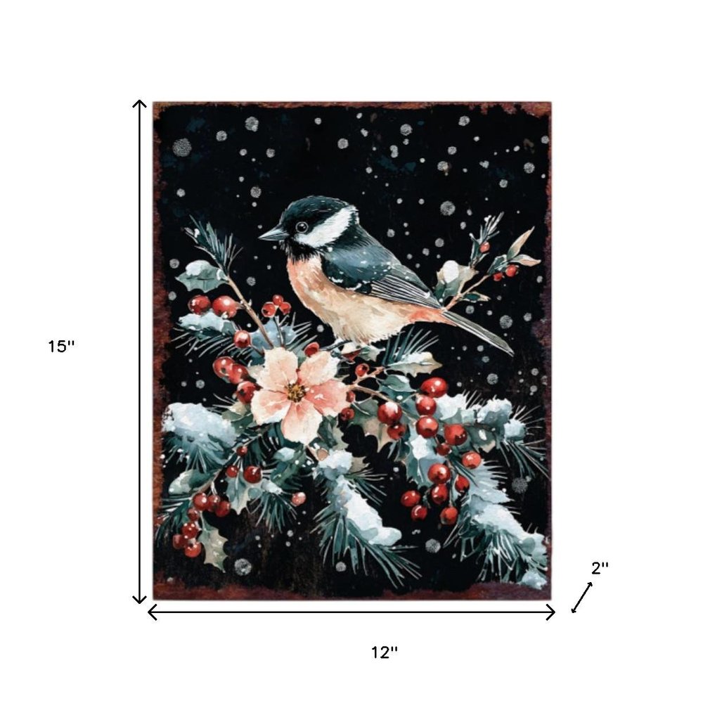 15" Red White And Green Wood Bird Flowers Christmas Tabletop Sign