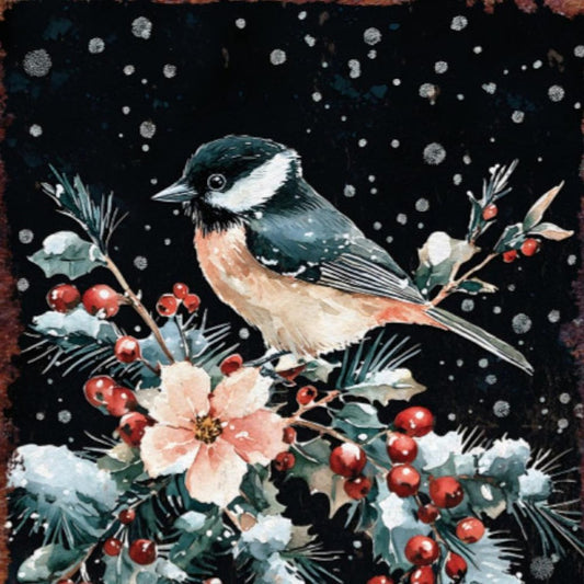 15" Red White And Green Wood Bird Flowers Christmas Tabletop Sign