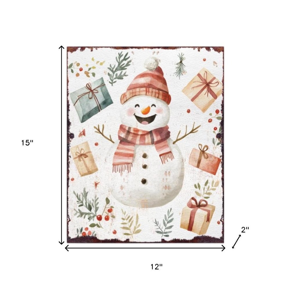 15" Red White And Green Wood Leaf Christmas Snowman Tabletop Sign