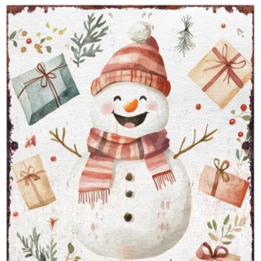 15" Red White And Green Wood Leaf Christmas Snowman Tabletop Sign