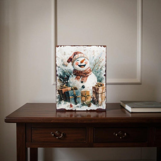 15" Red White And Green Wood Christmas Snowman Tabletop Sign