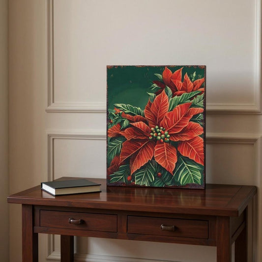 15" Red White And Green Wood Flowers Christmas Tabletop Sign