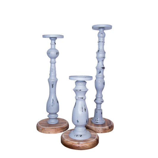 Set of Three Gray Distressed Wood Tabletop Pillar Candle Holders
