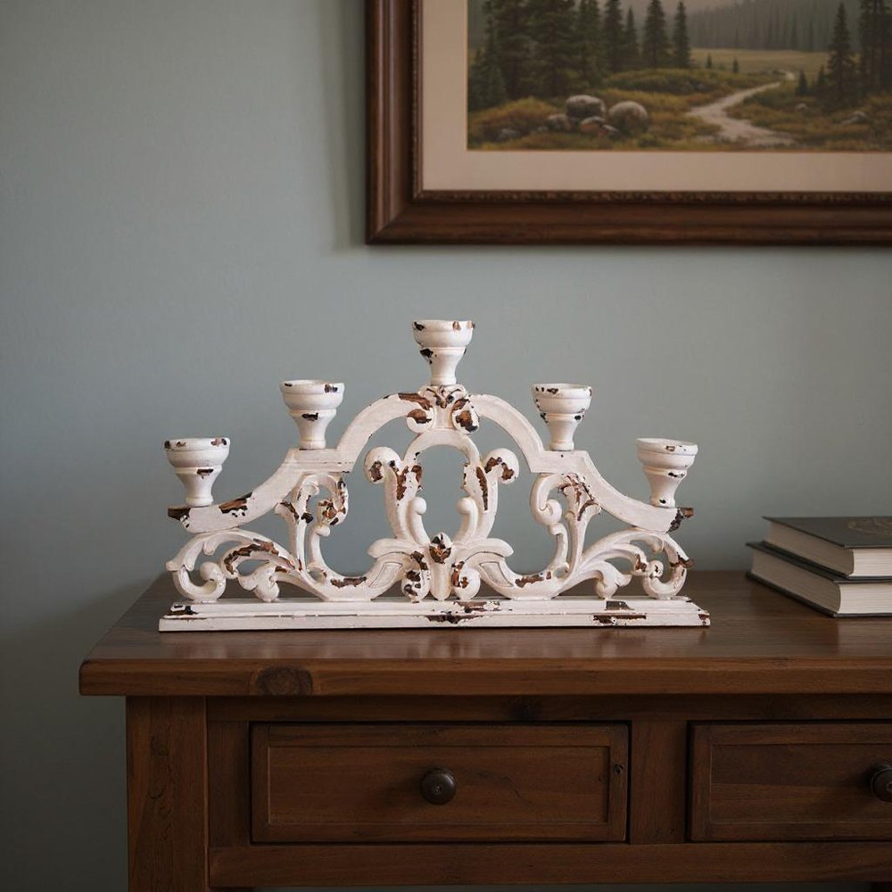 34" White Distressed Wood Tabletop Five Light Candelabra