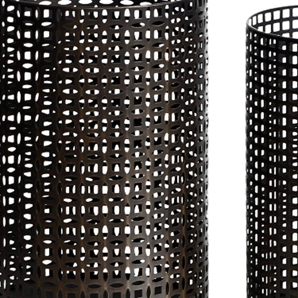 Set of Five Dark Brown Pierced Geometric Metal Tabletop Hurricane Candle Holders