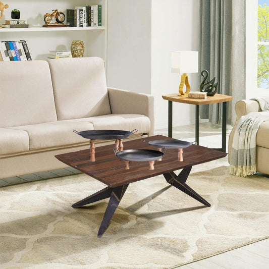 Set of Three Black And Brown Wood And Metal Round Riser Trays With Handles