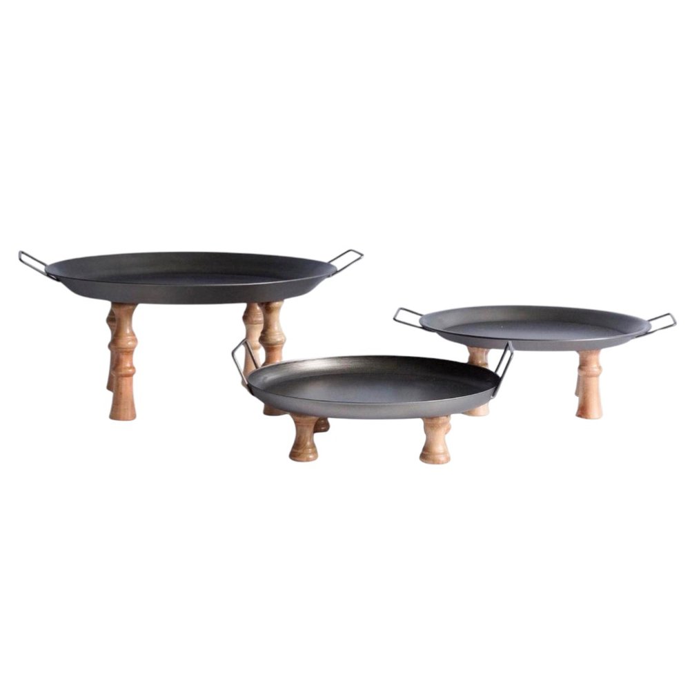 Set of Three Black And Brown Wood And Metal Round Riser Trays With Handles